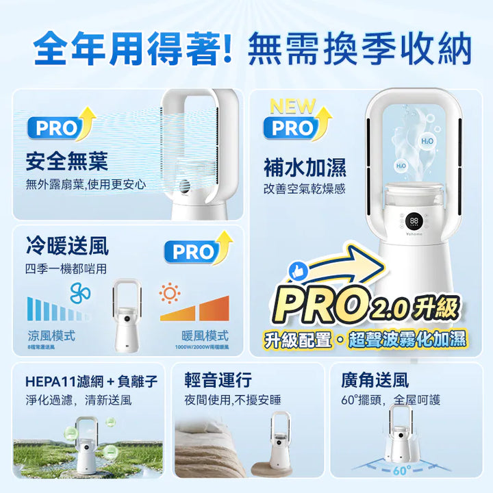 Yohome 家の逸 四季冷暖雙風自動搖頭可加濕空氣淨化低噪無葉風扇 PRO 2.0【香港行貨】